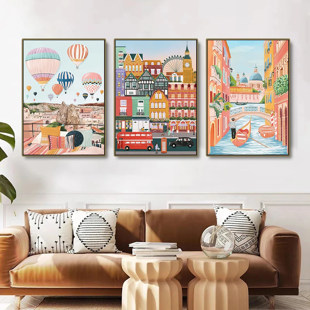 Акварель абстрактный город путешествия Нью-Йорк Санторини Римский Эдинбург