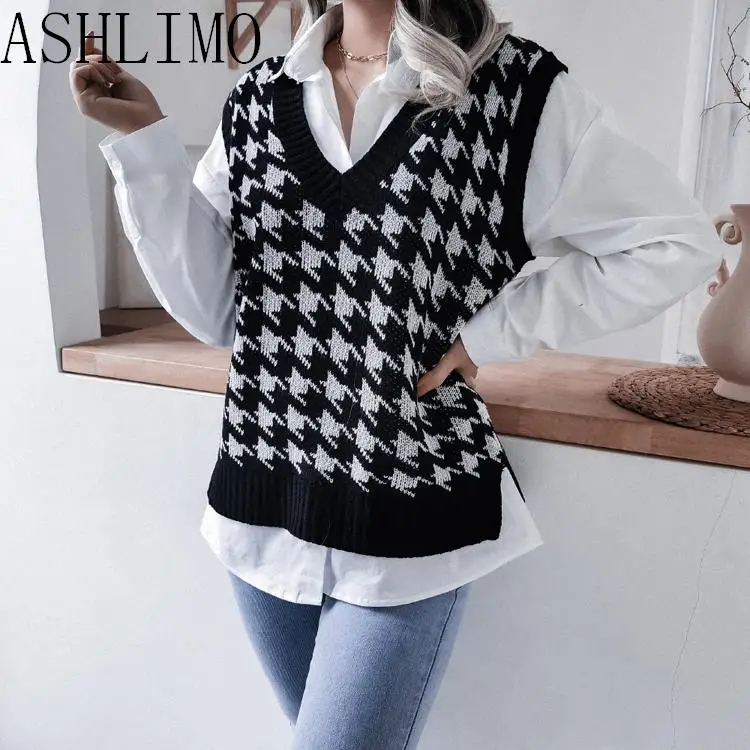 

Elegant Women Houndstooth Knit Sweaters Winter 2022 New Sweater 5 Colors Vest Loose V-neck Sleeveless Top Fashion Vest Pullover