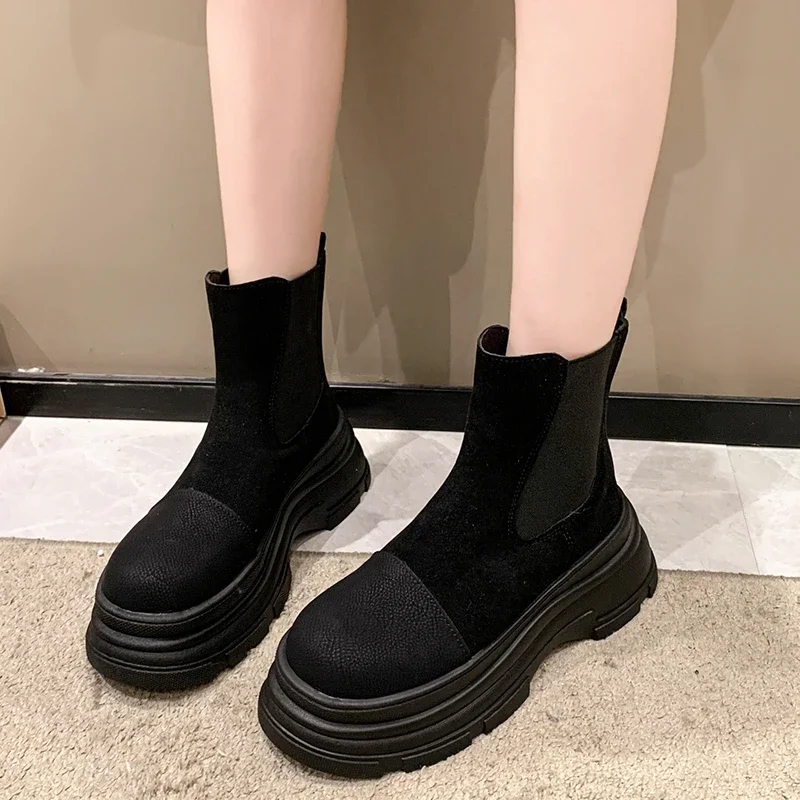 

Женские ботинки с круглым носком, однотонные ботинки на платформе, с коротким рукавом, зимняя обувь, 2023