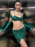 y2k cut out long ribbed sleeve crop top side slit mini skirts green matching suit women 2022 sexy party club outfits beachwear