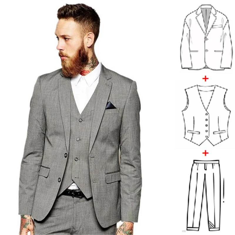 New 3 Piece Gray Men's Suit 2023 Tailor Made Slim Fit Set Costume Homme Formal Groom Tuxedo for Wedding (Blazer+Vest+Pants)
