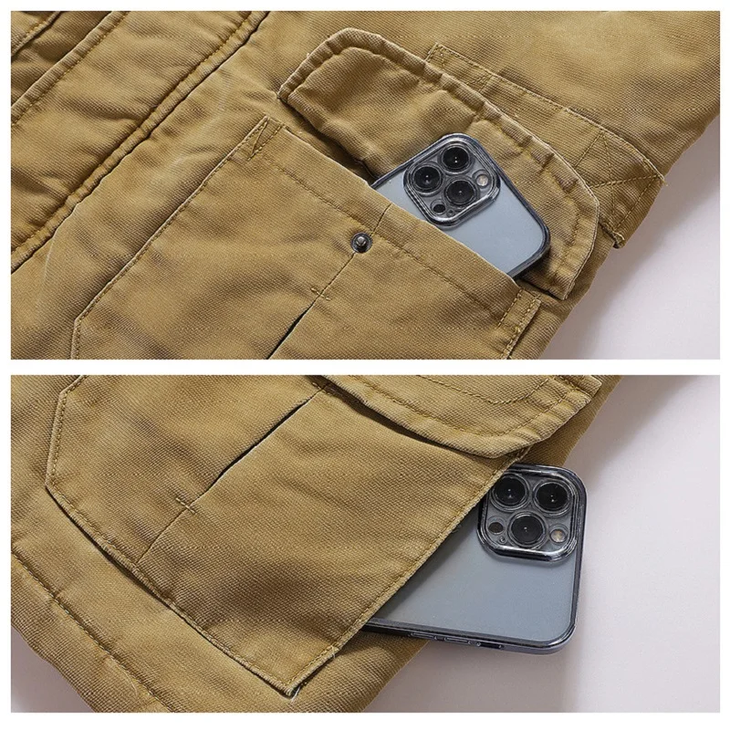 Mid-length pure cotton fleece windbreaker jacket men's detachable hooded winter warm jackets outdoor sports casual parkas