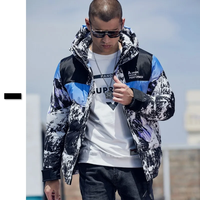 Mens Fashion Snow Mountain Print Winter Padded Jacket Outdoor Loose Thick Thick Warm Padded Coats for Men Harajuku Clothes