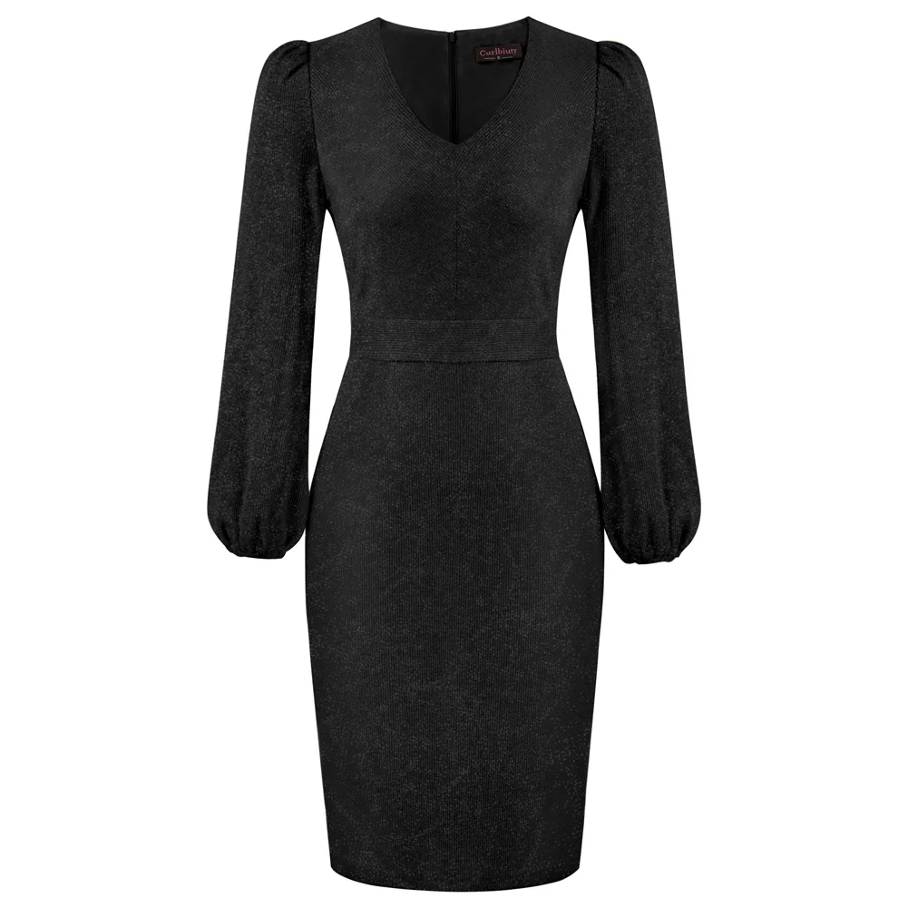 

Curlbiuty Elegant Dresses For Women Bright Silk Bodycon Dress Long Sleeve Elegant V-Neck Slim Fit Defined Waist Party Dress 2022