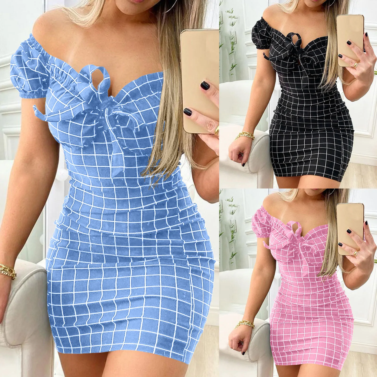 

Plaid Print Off Shoulder Bodycon Dress Women Casual Sweet Party Skinny Mini Summer Dress Bow Knot Bandage Strapless Sundress Y2K