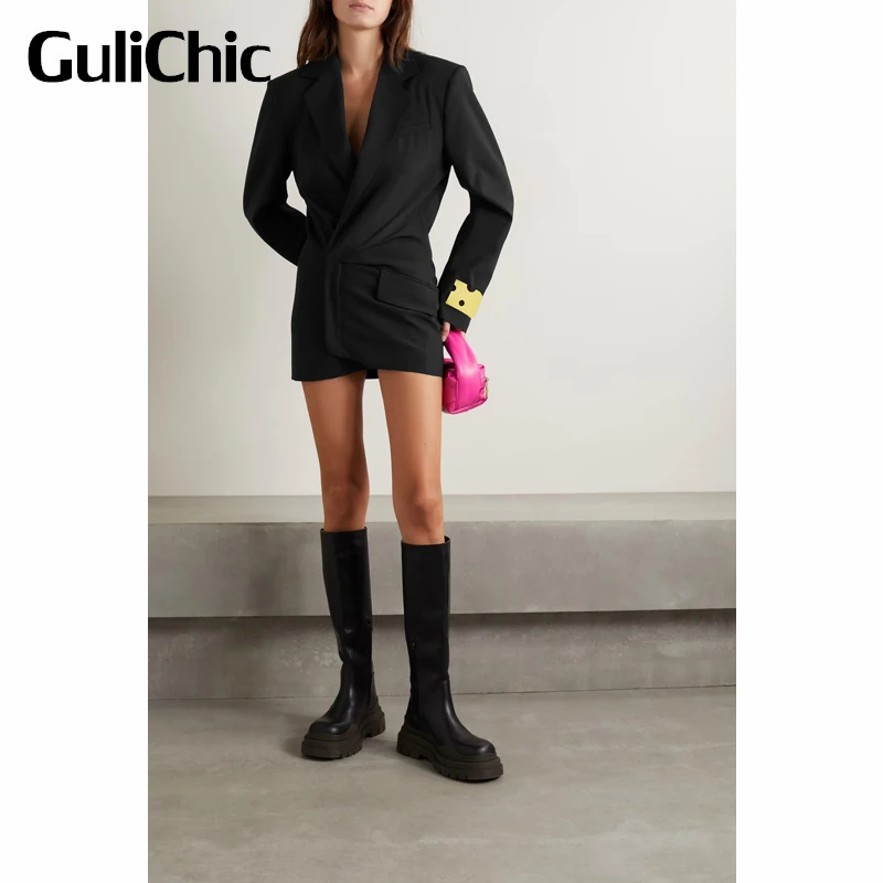 

11.5 GuliChic Women Temperment Notched Collar Long Sleeve Button Zipper Slim Black Short Blazer Dress