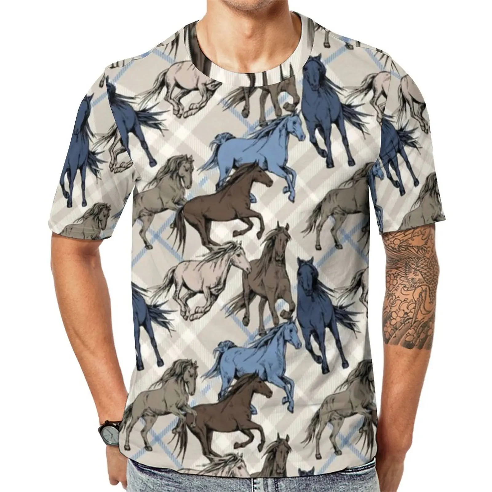 

Running Horses Blue Gray T-Shirt Horse Art Color Popular T-Shirts Short-Sleeve Graphic Tops Hot Summer Streetwear Oversized Tees