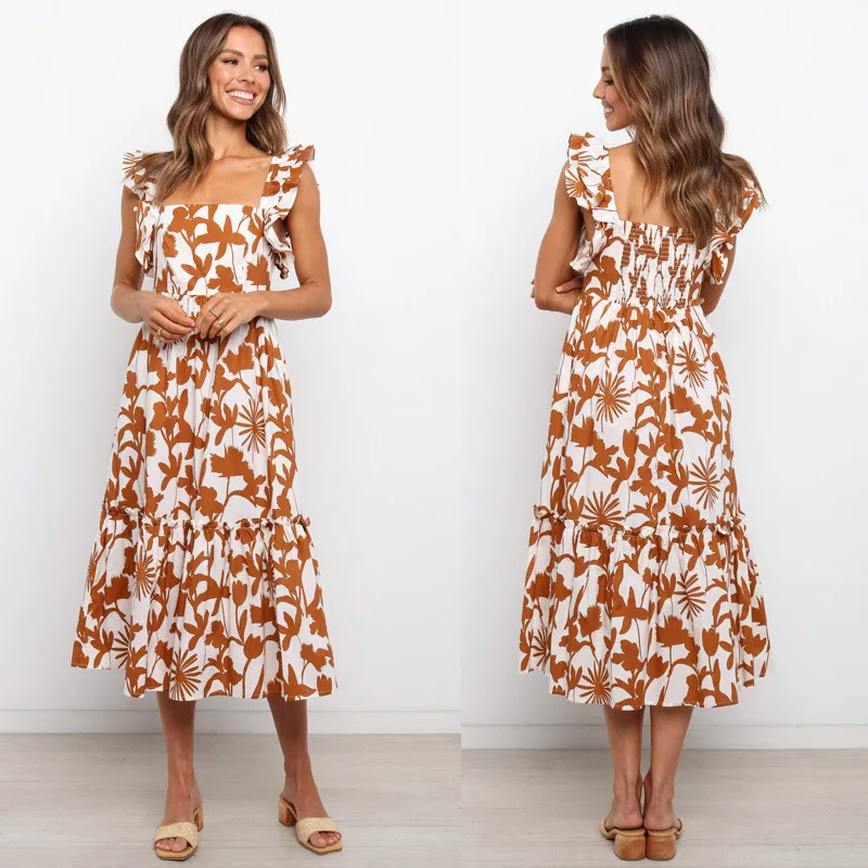 

Women Dress Summer Temperament Fashion Open Back Maple Leaf Print High Waist Ruffled Sleeveless Suspender Loose Mid-length Dress