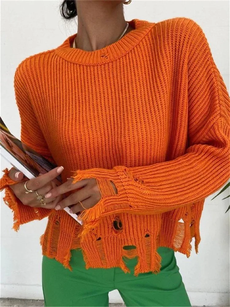 

hirigin Tassel Knit Women Sweater Ripped Hole Hem Autumn Winter Loose Casual Female Pullover Fashion Long Sleeve Lady Jumper