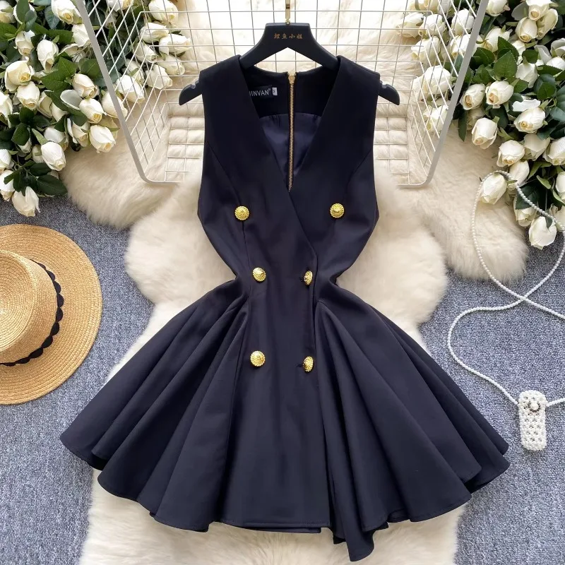Винтажные элегантные двубортные тонкие короткие платья без рукавов с v-образным