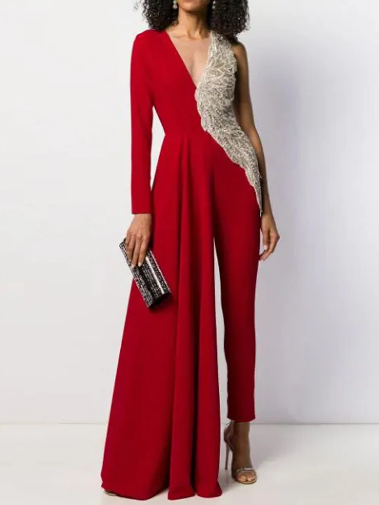 

Элегантный Приталенный комбинезон с V-образным вырезом и блестками