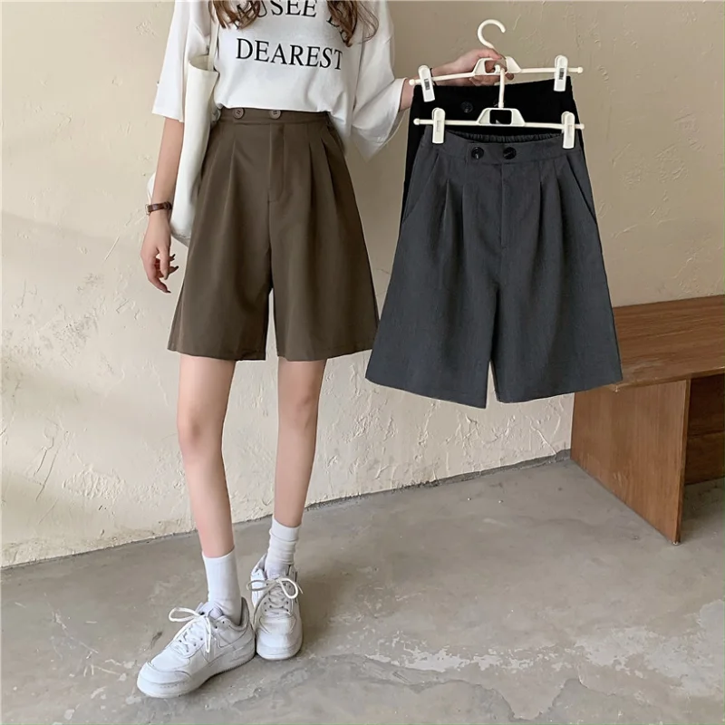 Loose Casual Straight High Waist Shorts with Front Pleats Thin Streetwear Summer Clothes for Women 2021 New Fashion Suit Shorts