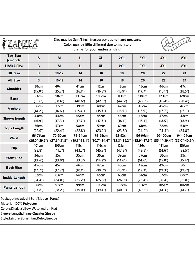 ZANZEA Элегантные женские комплекты рабочих брюк Модная блузка с рукавами 3/4 и