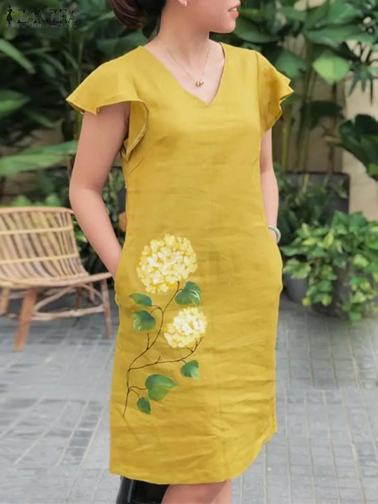 

Платье ZANZEA женское повседневное до колен с цветочным принтом, праздничный пляжный сарафан с оборками на рукавах, винтажный сарафан с V-образным вырезом для отдыха