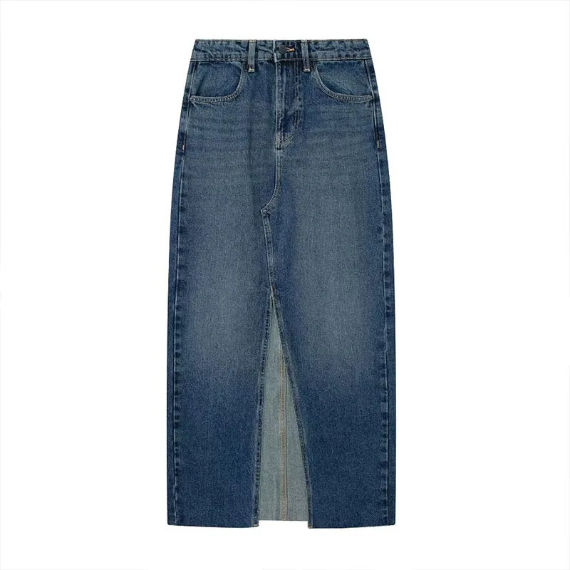

ZATRHMBM 2023 Осенняя модная дизайнерская Джинсовая юбка миди с разрезом винтажные боковые карманы на молнии женские юбки с завышенной талией Mujer