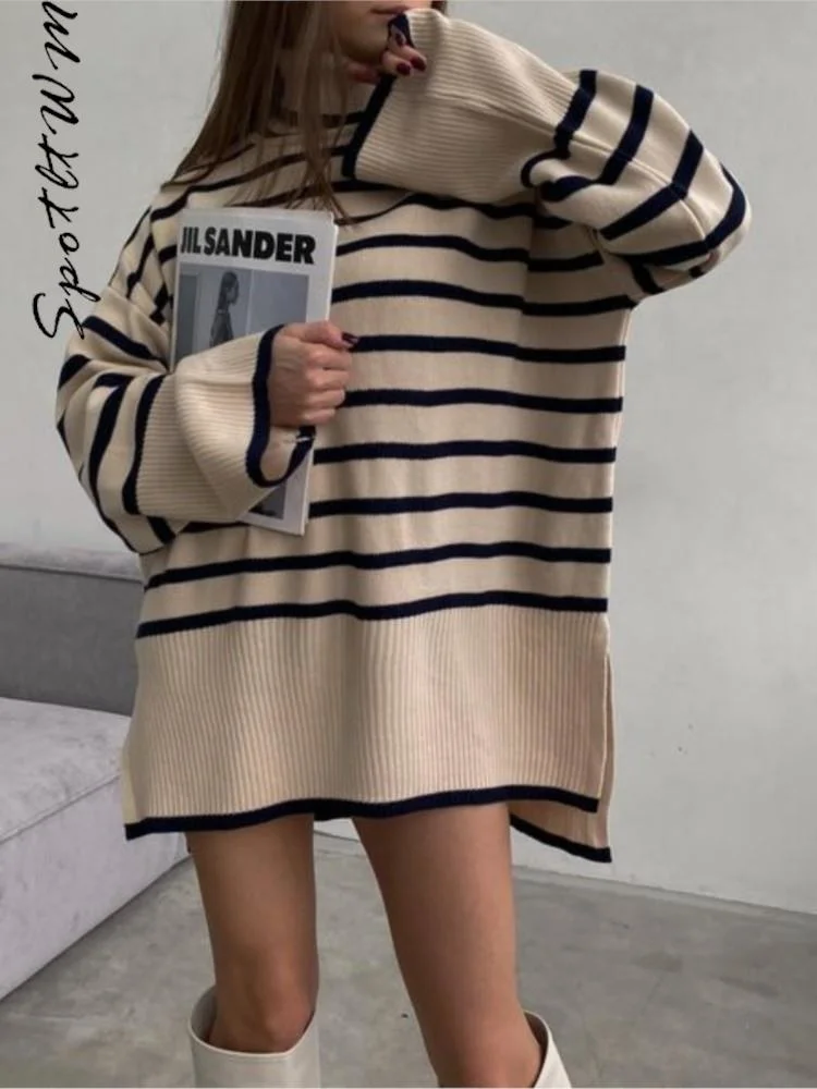 

Женский полосатый кашемировый свитер с разрезом и высоким воротником, модный вязаный пуловер оверсайз с расклешенными рукавами, зимняя женская трикотажная одежда 2023