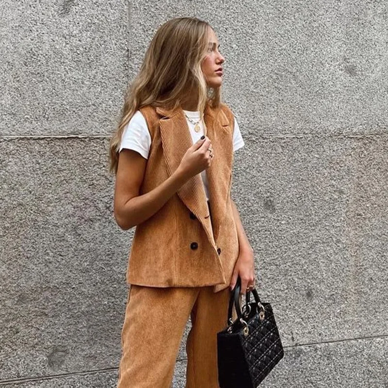 Street Fashion 2022 Autumn and Winter Corduroy Cardigan Suit Collar Single-breasted Sleeveless Solid Color Vest Jacket Women
