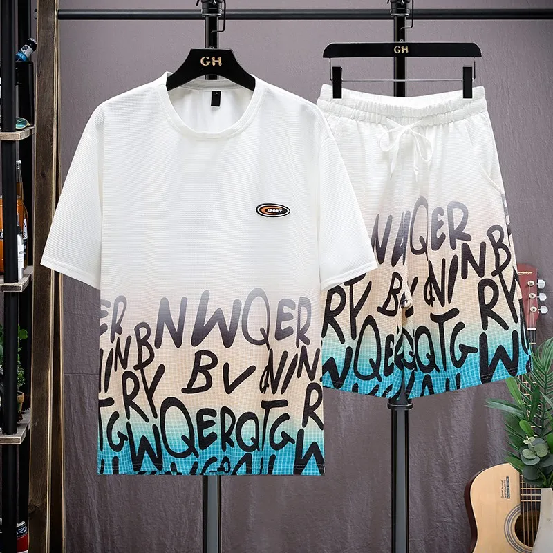 

Men Shorts Set 2 Piece Set Summer Hip Hop Clothes For Men Casual Breathable Mens Sets Street letter splicing Men Cool Outfits