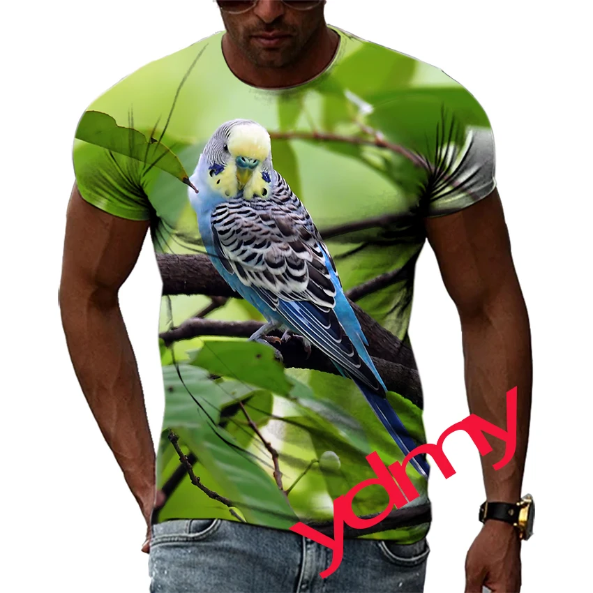 

Tide Fashion Summe Colored Parrot Picture Men's T-shirt Casual Print Tees Hip Hop Personality Round Neck Short Sleev Tops