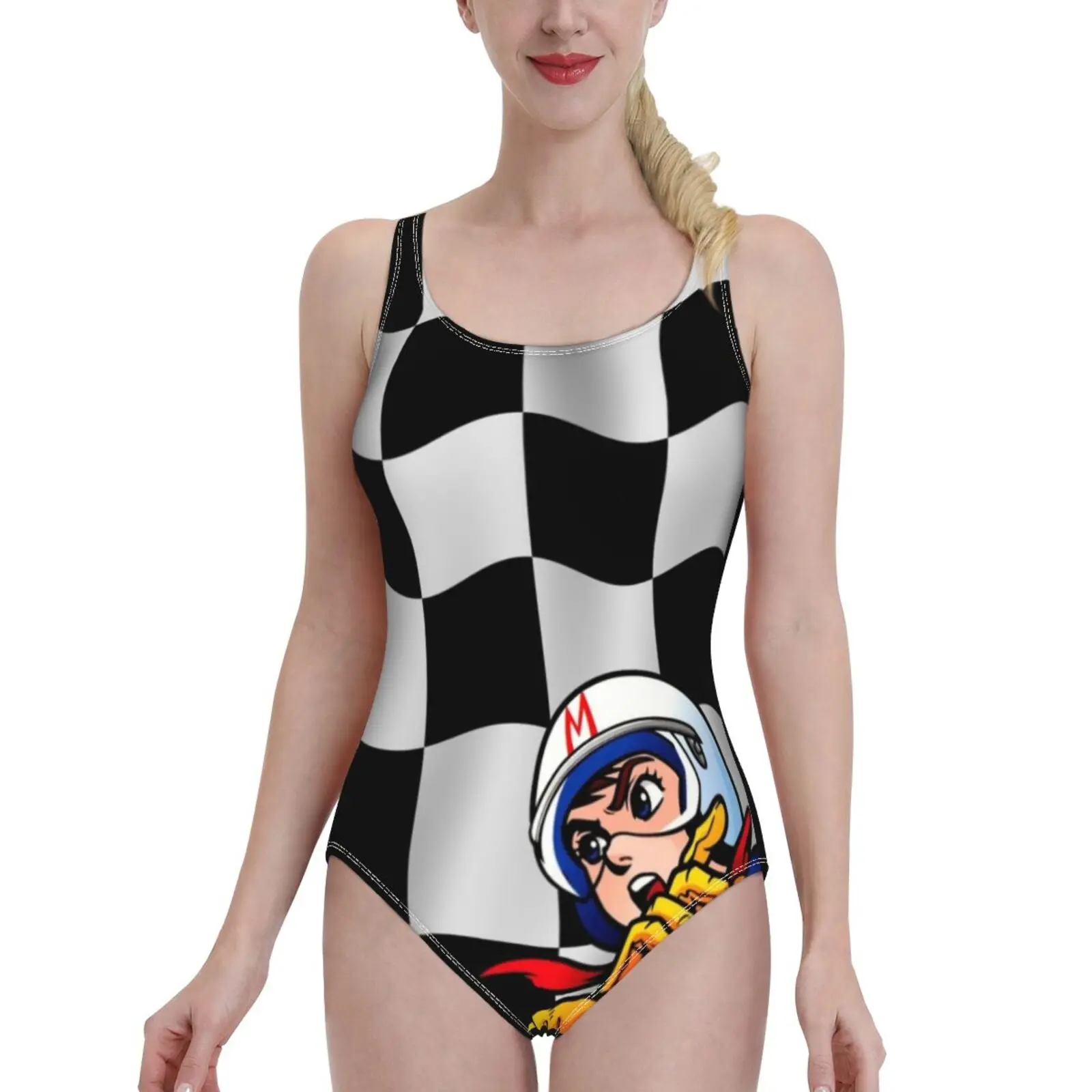 

Клетчатый флаг! Цельный купальник, женский купальник, сексуальное классическое боди с открытой спиной, пляжная одежда для купания Mach 5 Mach V ...