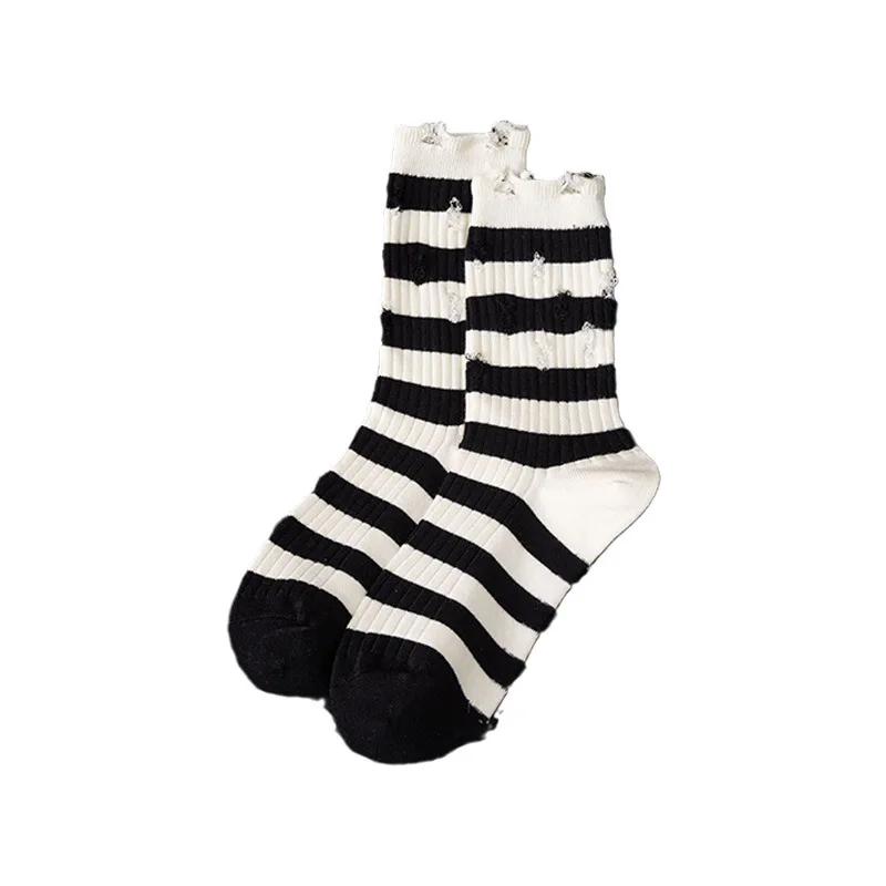 

Women Black-and-white Striped Socks With Holes And Tide Socks For Beggars