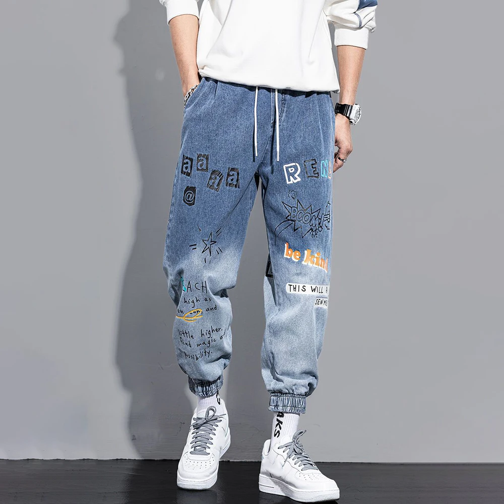 Loose  Strechy 2023 Men Denim Pants Trousers Baggy Jeans For Men Fashion Male  Printed Cargo Pants  Hip Hop Streetwear