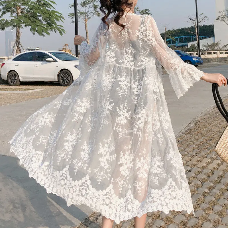 Women Jackets Summer Stylish Open Stitch Sun Protection Lace Long Comfort Thin White Embroidery Draped Long Sleeve Female Baggy