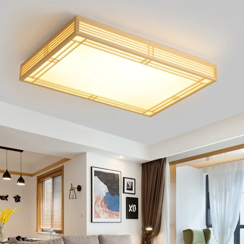 Купи Solid wood LED ceiling light, Nordic wood ceiling chandelier, square living room lamp, remote control dimmable ceiling lamp за 8,778 рублей в магазине AliExpress