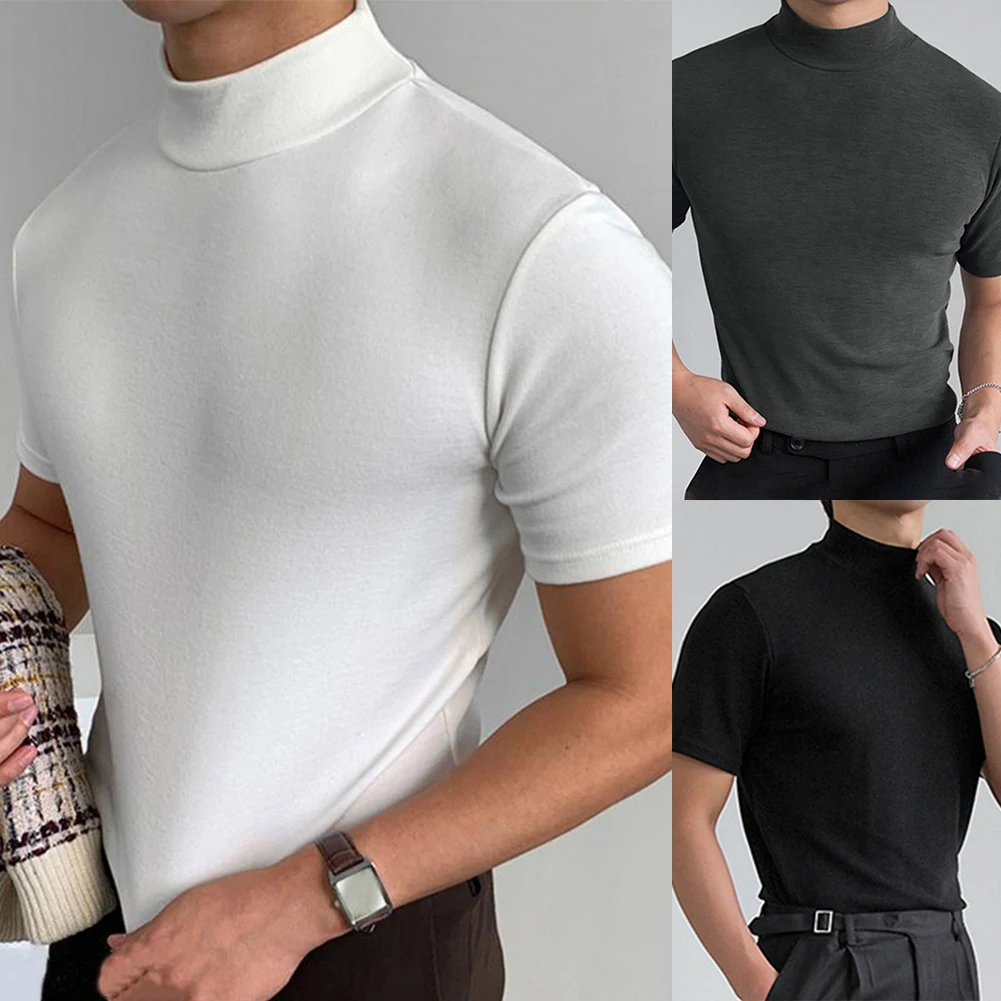 

Men Thin T Shirt Solid Color Turtleneck Short Sleeve Streetwear Summer Slim Fitness Casual Men Clothing Leisure Bottoming Tops