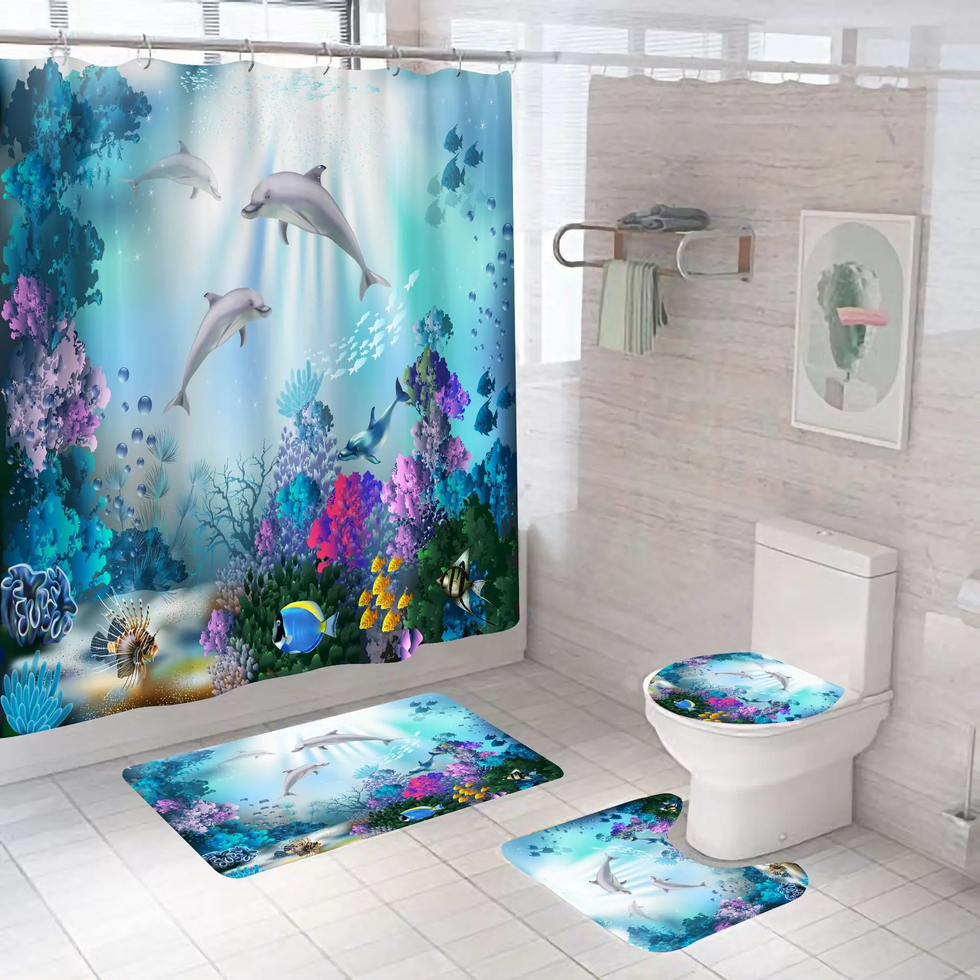 

Dolphin Print Shower Curtain Set with Hooks Bathroom Mat Set Anti-slip Soft Bath Carpet Summer Refreshing Home Decoration
