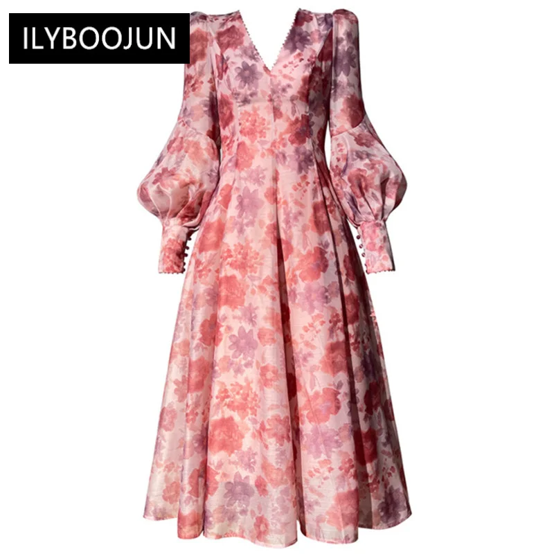 

Dresses For Women 2022 Luxury Designer Autumn Runway Foral Print Vacation Beaded Lantern Sleeve V Neck Party Dress Plus Size 4xl