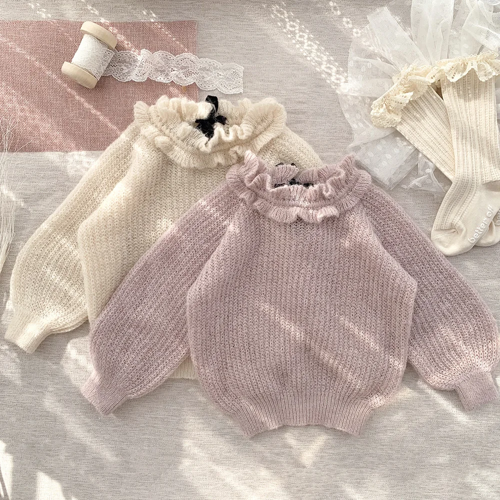 

Пуловер хлопковый для девочек, с воротником-стойкой, свободный, с рукавами-фонариками