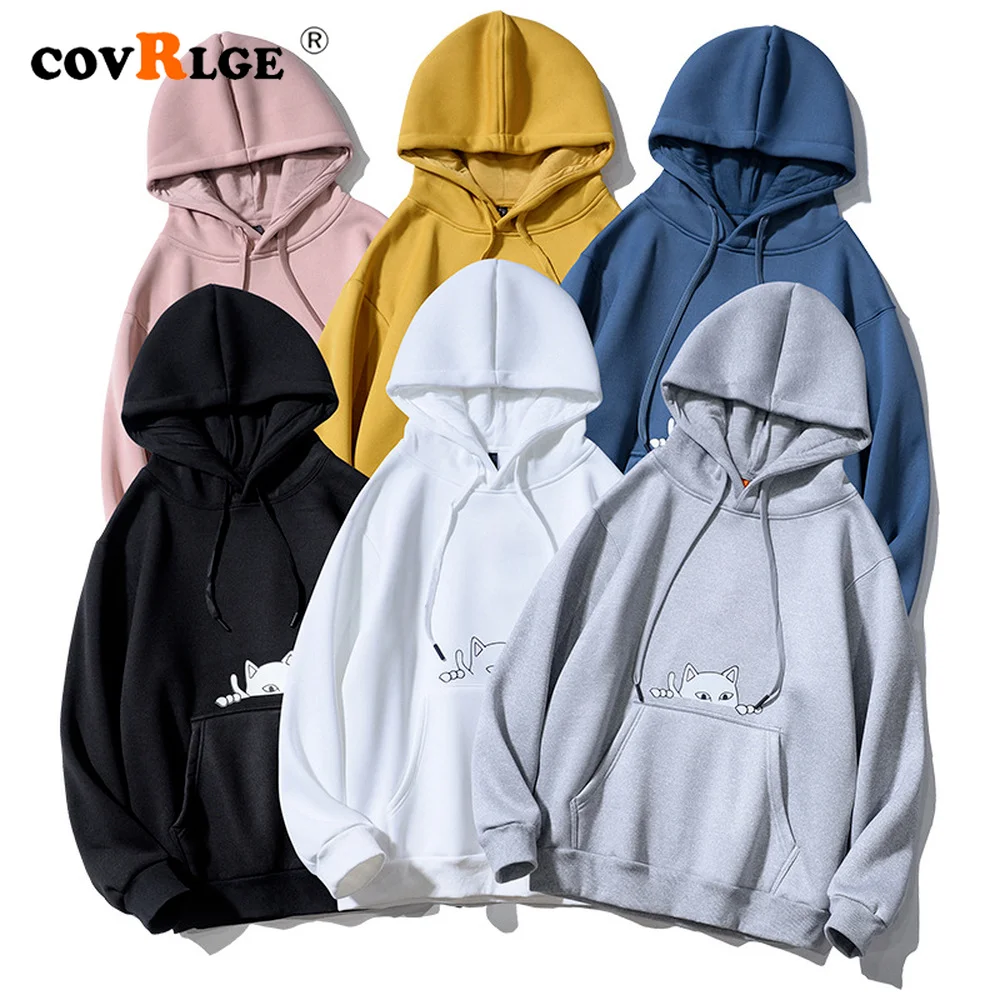 Covrlge Fresh Bad Cat Printing Sweatshirt Men's Spring Autumn Casual Fleece Couples Hooded Coat Male Hoodies Streetwear MWW366