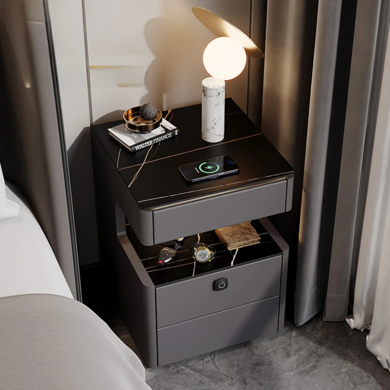

Luxury Rock Board Smart Bedside Table Multifunctional Wireless Charging Audio Fingerprint Lock Mesita De Noche Furniture WKNS