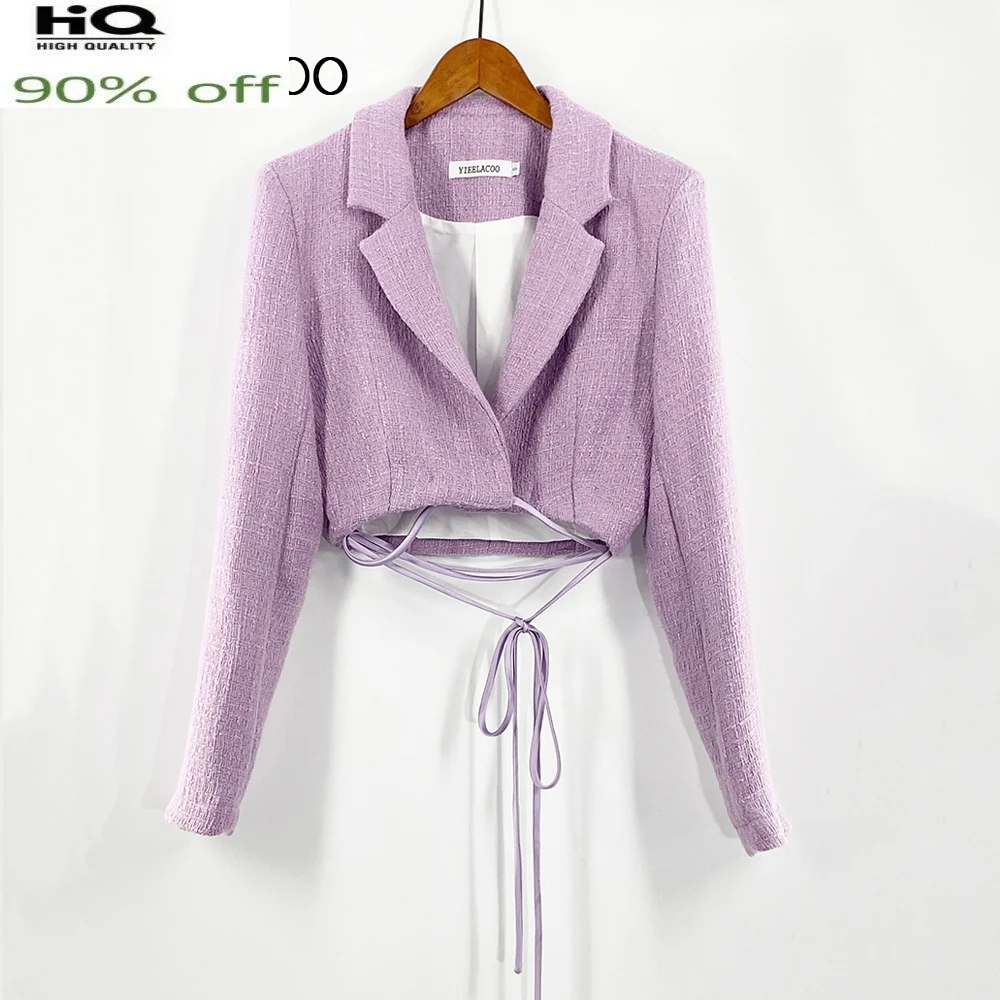 

Purple Light Tweed Jacket Women Waist tie decorative belt Spring Autumn / Winter Woolen Coat New classic BlazerLadies