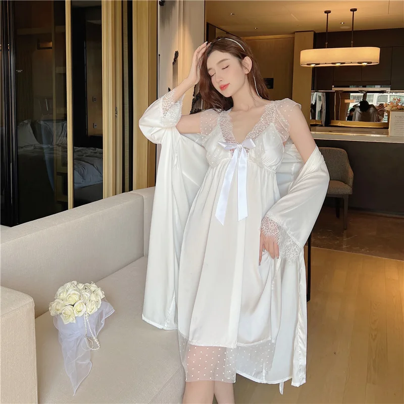 Sexy Nightwear Gown Set Women 2PC Pyjama V-Neck Pajamas Silky Sleepwear Spring Lady Sleep Suit Robe Wear Home Negligee Homewear