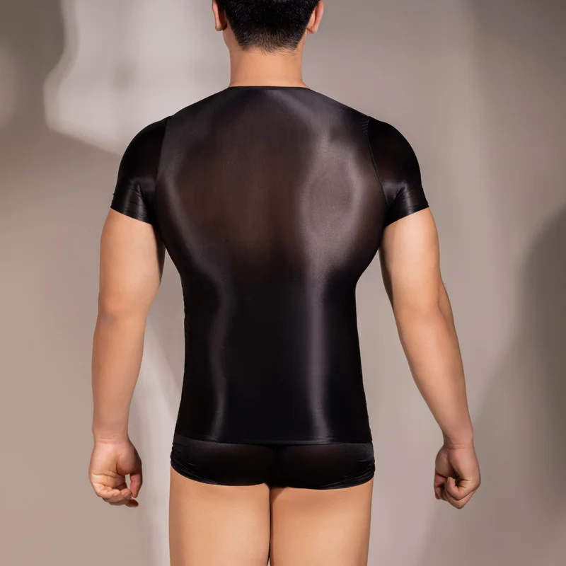 Glossy See Through Mens T-shirt Top Shiny Short Sleeve Gym Yoga Sport Tight Sheer Sportwear Party Clubwear