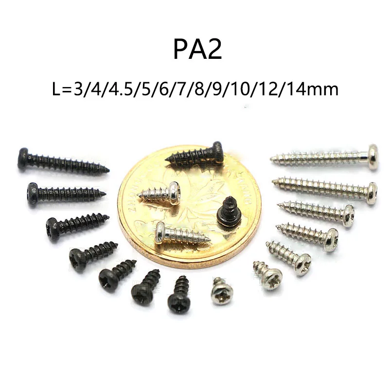 

100Pcs PA2*L=3/4/4.5/5/6/7/8/9/10/12/14mm Carbon Steel Mini Micro Phillips Round Head Cross Screw Self Tapping Wood Screws