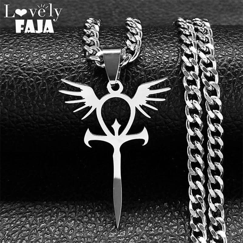 

Creative Goth Egyptian Ankh Cross Wings Pendant Necklace Women Stainless Steel Key of Life Hip Hop Protection Necklaces Jewelry