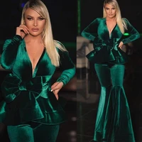 dark green velvet jumpsuit evening party gowns with bow peplum v neck vestidos de noiva long sleeves formal dress pant suit