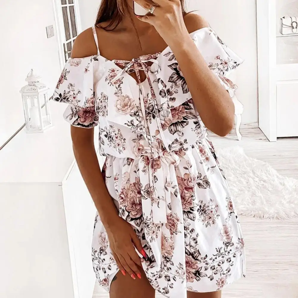 

Short Sleeve Lightweight Summer Sexy Spaghetti Strap Floral Print Mini Dress Female Clothes