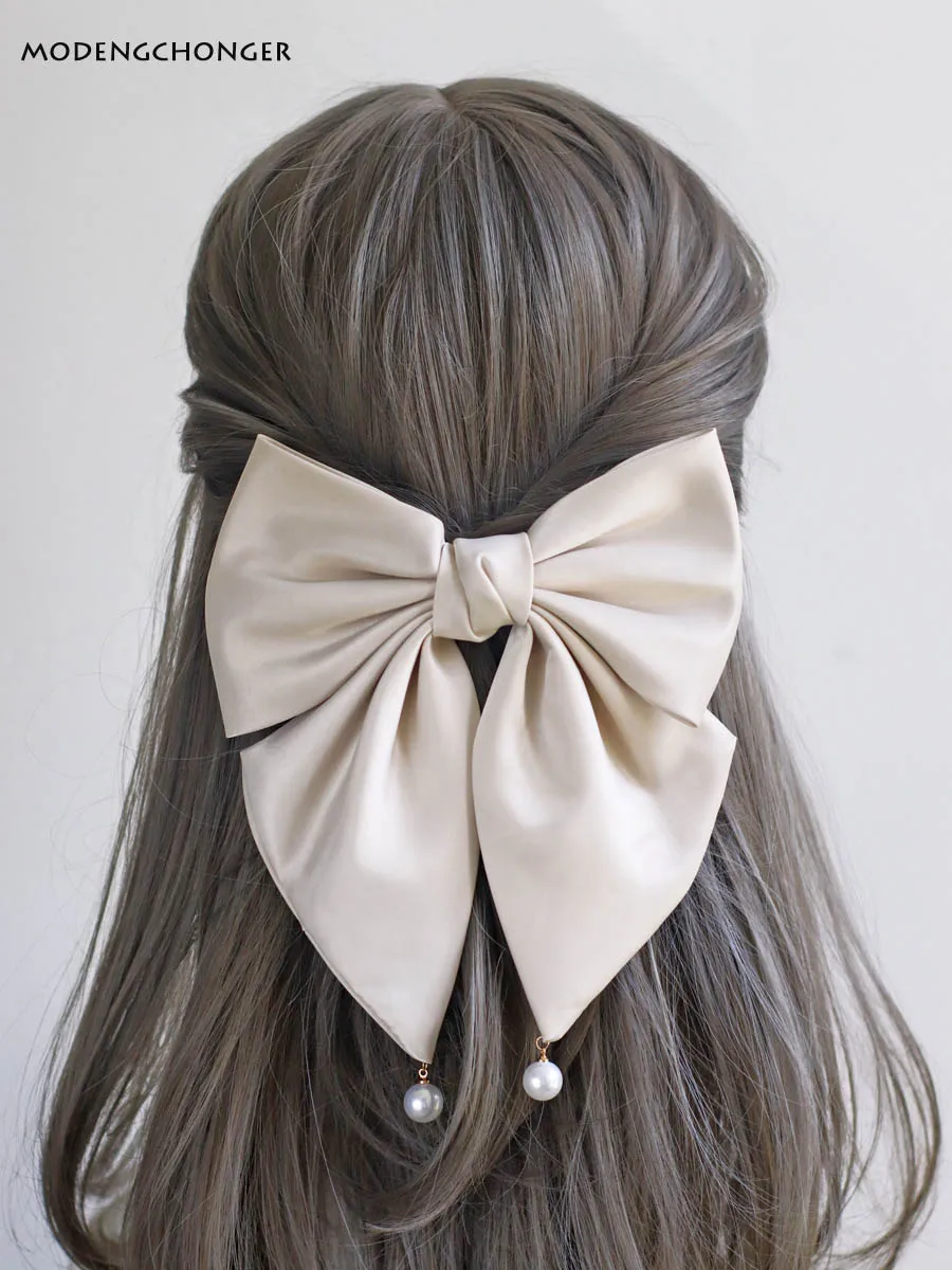 

High Quality Bow Hairpin Back Pearl Spring Clip For Girls Solid Color Streamer Barrette Bow Woman Headwear Hair Accessories Hot