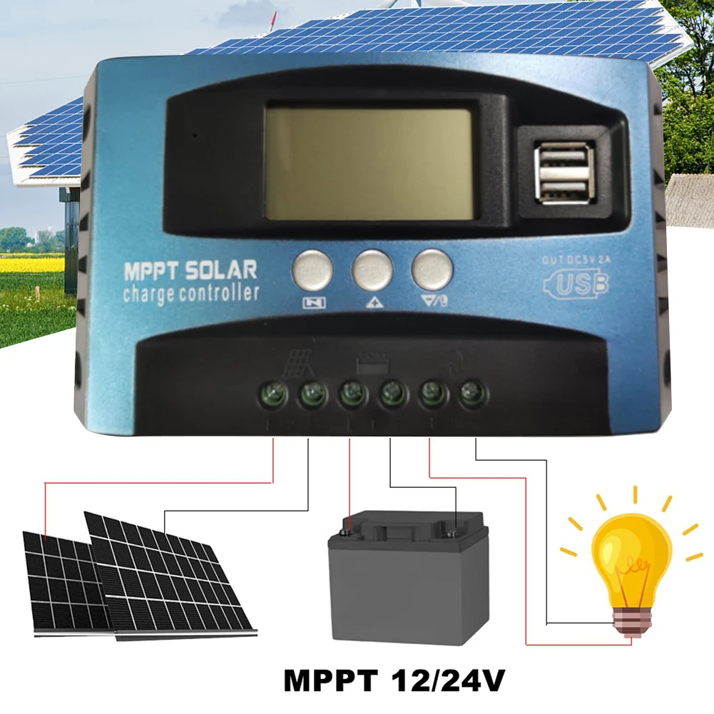 60A/50A/40A/30A 12V 24V Auto Solar Charge Controller MPPT/PWM Controllers LCD Display Dual USB Output Solar Panel Regulator