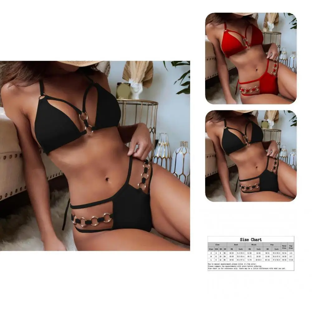 

Ladies 2Pcs/Set Stylish Backless Pure Color Bikini Female Split Bikini Metal Ring for Swimming