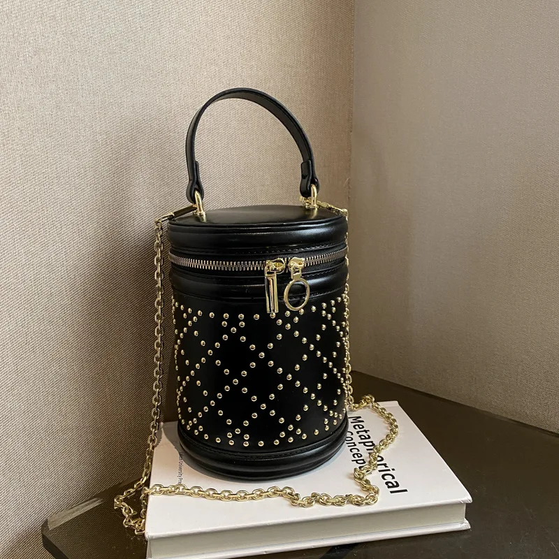 

Luxury Rivet Design Small Cylinder Shape Pu Leather Crossbody Sling Bag For Women 2023 Lady Shoulder Handbags And Purses