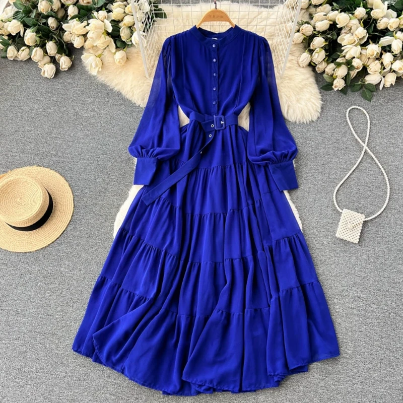 

Autumn 2023 New Arrival Chiffon Women Lantern Sleeve Single Breasted A Line Long Dress