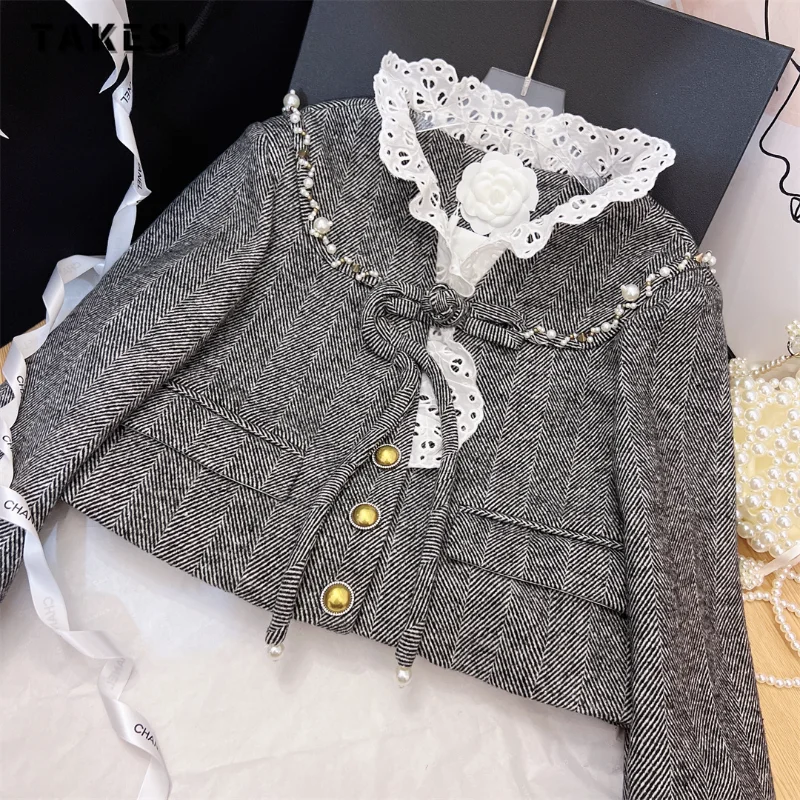 

Женская однобортная куртка на шнуровке, Повседневная кружевная куртка в винтажном стиле с карманами, верхняя одежда в стиле пэчворк, Осень-зима 2023