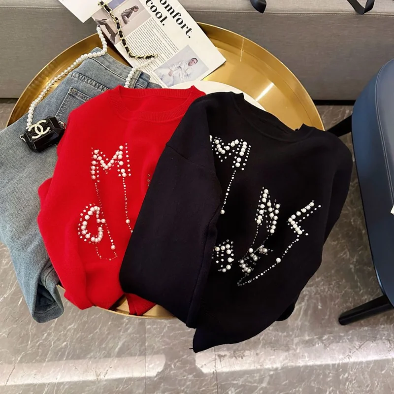 

Women Y2k Fairycore Tops Sweaters Red Spring Sweater New Autumn Korean Jumper Loose-fitting 2023 Fashion Pullover Short Diamonds