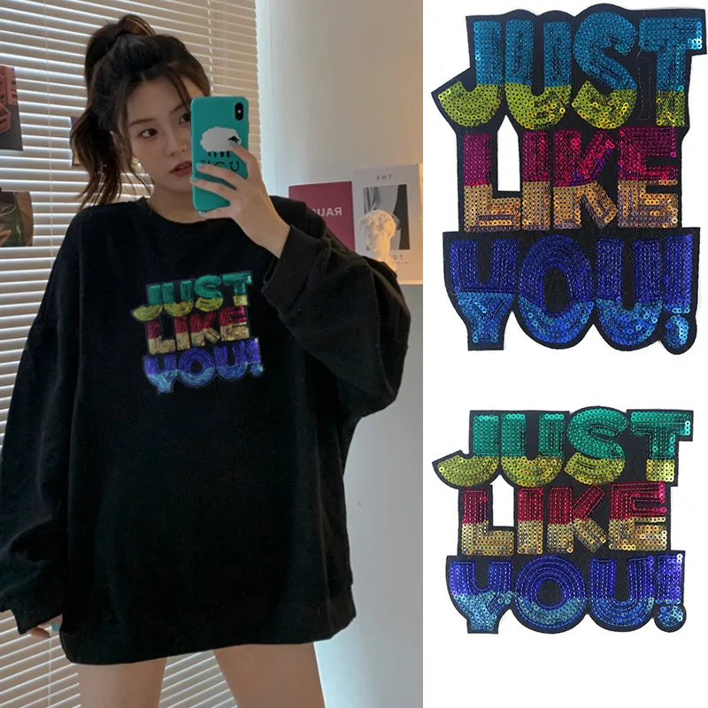

27cm Colours Words Sequins Clothing Patch Big Transfer Sticker for T-Shirt Down Jacket Cute Embroidered Patches Repair Decal