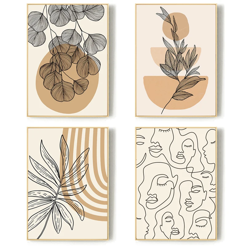 

Abstract Black Lines Face Plant Poster Print Nordic Brown Geometry Canvas Painting Wall Art Picture for Living Room Home Decor